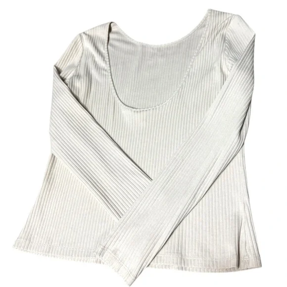 Monki Open Back Top Ribbed Beige Cream Long Sleeve Size Medium - Picture 3 of 9